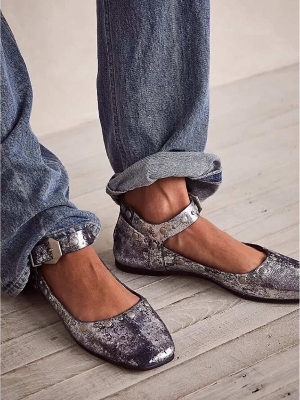 Free People Metallic Silver Distressed Ankle-Strap Ballet Flats